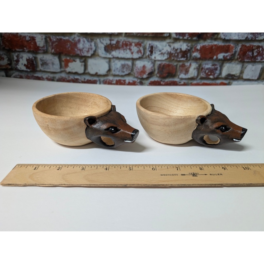 Hand Carved Bear Head Wooden Kuksa Mugs Pair‎ Scandinavian Folk Art Cups